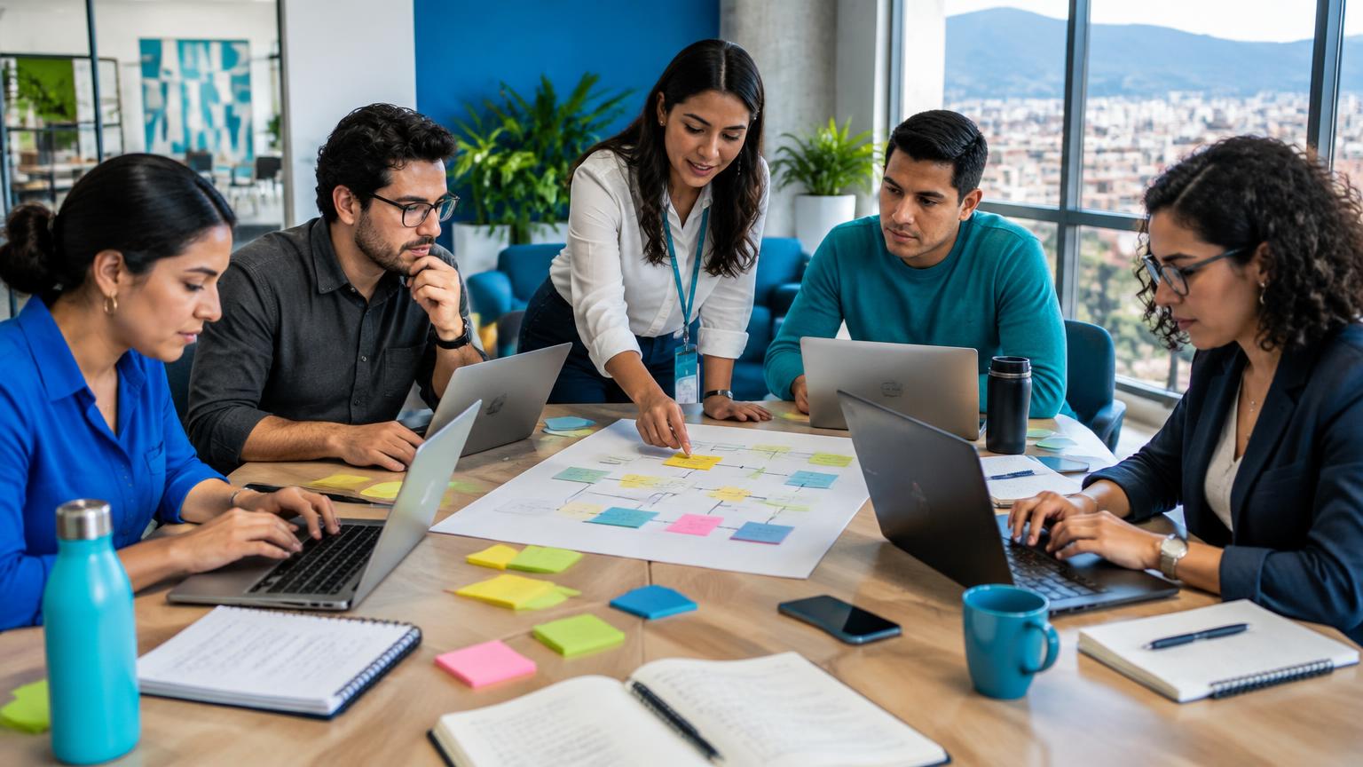 Equipo trabajando en un taller de adopción de IA con asistentes por rol.