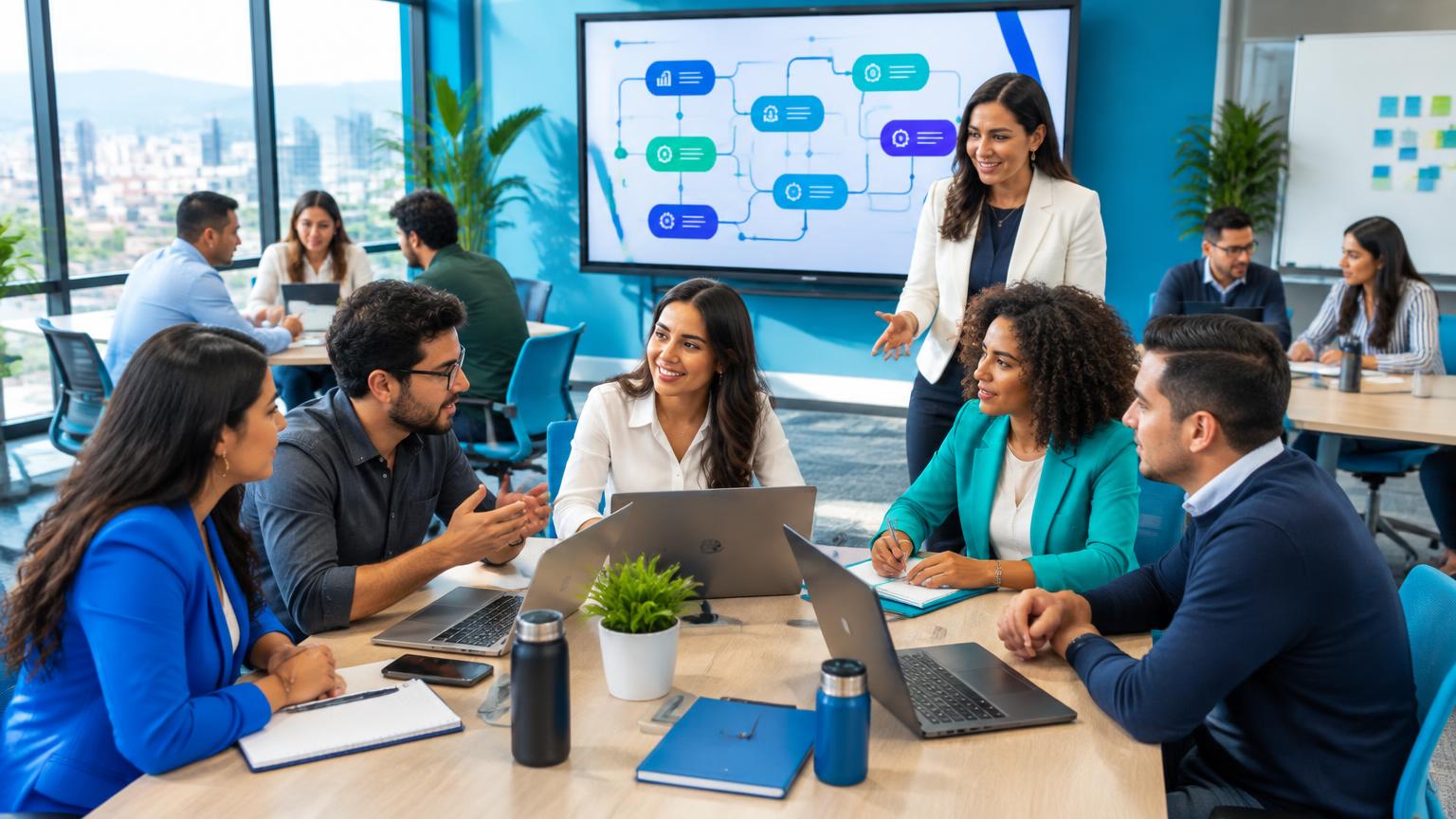 Taller empresarial de IA con equipos de distintas áreas trabajando en sus casos de uso.