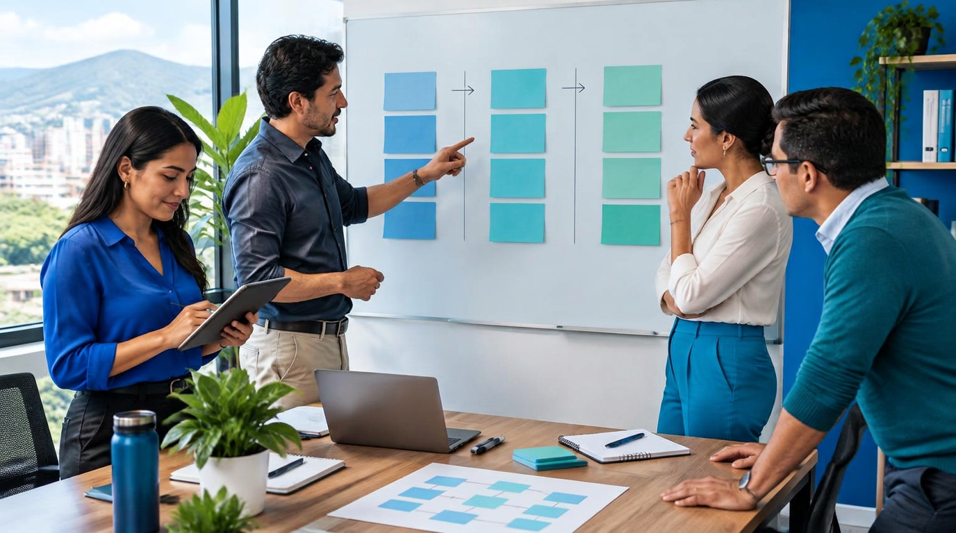 Equipo definiendo un mapa de transformación y aplicaciones de IA para el negocio.
